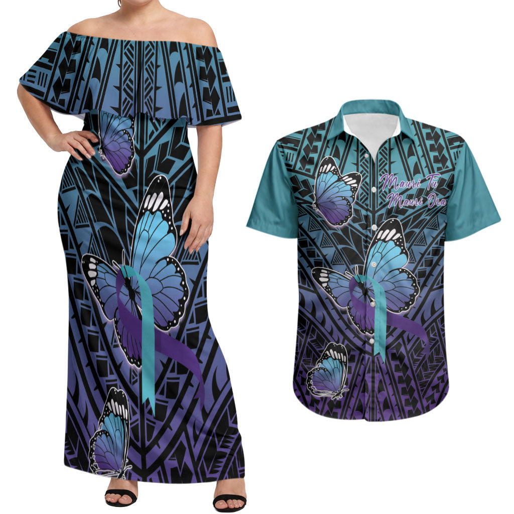 Personalised New Zealand Suicide Prevention Month Couples Matching Off Shoulder Maxi Dress and Hawaiian Shirt Maori Mauri Tu Mauri Ora Polynesian Pattern LT22 Teal - Polynesian Pride