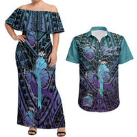 Personalised New Zealand Suicide Prevention Month Couples Matching Off Shoulder Maxi Dress and Hawaiian Shirt Maori Mauri Tu Mauri Ora Polynesian Pattern LT22 Teal - Polynesian Pride