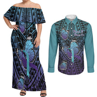 Personalised New Zealand Suicide Prevention Month Couples Matching Off Shoulder Maxi Dress and Long Sleeve Button Shirt Maori Mauri Tu Mauri Ora Polynesian Pattern LT22 Teal - Polynesian Pride