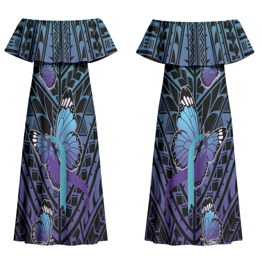 Personalised New Zealand Suicide Prevention Month Couples Matching Off Shoulder Maxi Dress and Long Sleeve Button Shirt Maori Mauri Tu Mauri Ora Polynesian Pattern LT22 - Polynesian Pride