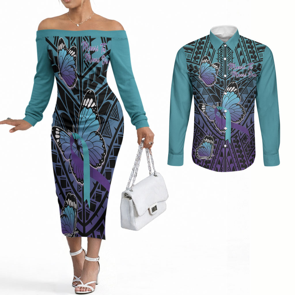 Personalised New Zealand Suicide Prevention Month Couples Matching Off The Shoulder Long Sleeve Dress and Long Sleeve Button Shirt Maori Mauri Tu Mauri Ora Polynesian Pattern