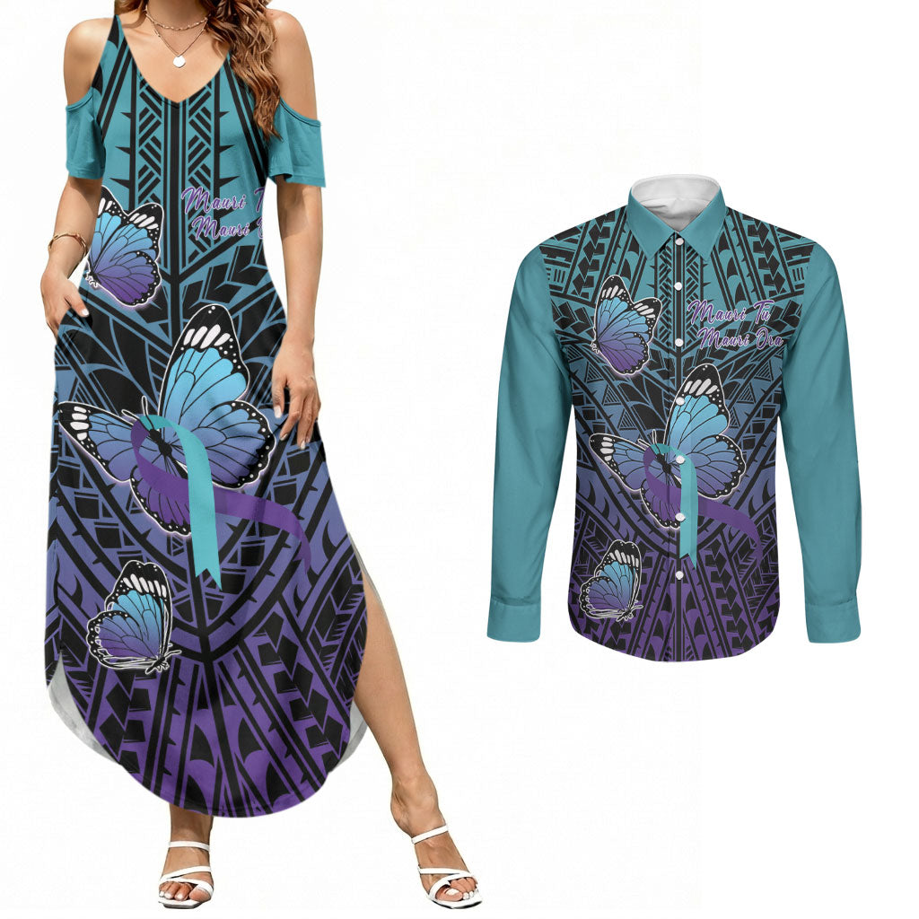 Personalised New Zealand Suicide Prevention Month Couples Matching Summer Maxi Dress and Long Sleeve Button Shirt Maori Mauri Tu Mauri Ora Polynesian Pattern LT22 Teal - Polynesian Pride