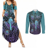Personalised New Zealand Suicide Prevention Month Couples Matching Summer Maxi Dress and Long Sleeve Button Shirt Maori Mauri Tu Mauri Ora Polynesian Pattern LT22 Teal - Polynesian Pride