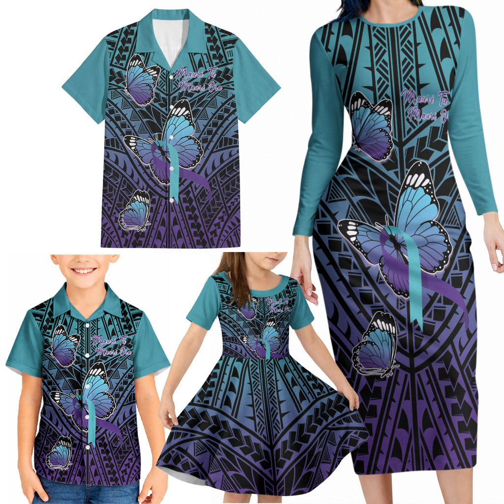 Personalised New Zealand Suicide Prevention Month Family Matching Long Sleeve Bodycon Dress and Hawaiian Shirt Maori Mauri Tu Mauri Ora Polynesian Pattern