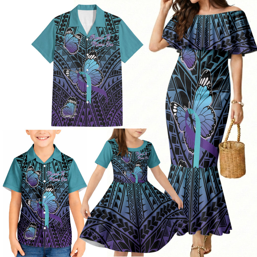 Personalised New Zealand Suicide Prevention Month Family Matching Mermaid Dress and Hawaiian Shirt Maori Mauri Tu Mauri Ora Polynesian Pattern
