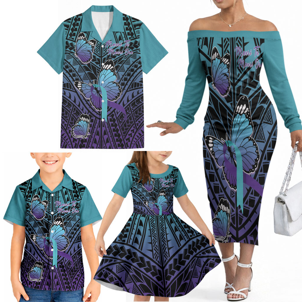 Personalised New Zealand Suicide Prevention Month Family Matching Off The Shoulder Long Sleeve Dress and Hawaiian Shirt Maori Mauri Tu Mauri Ora Polynesian Pattern