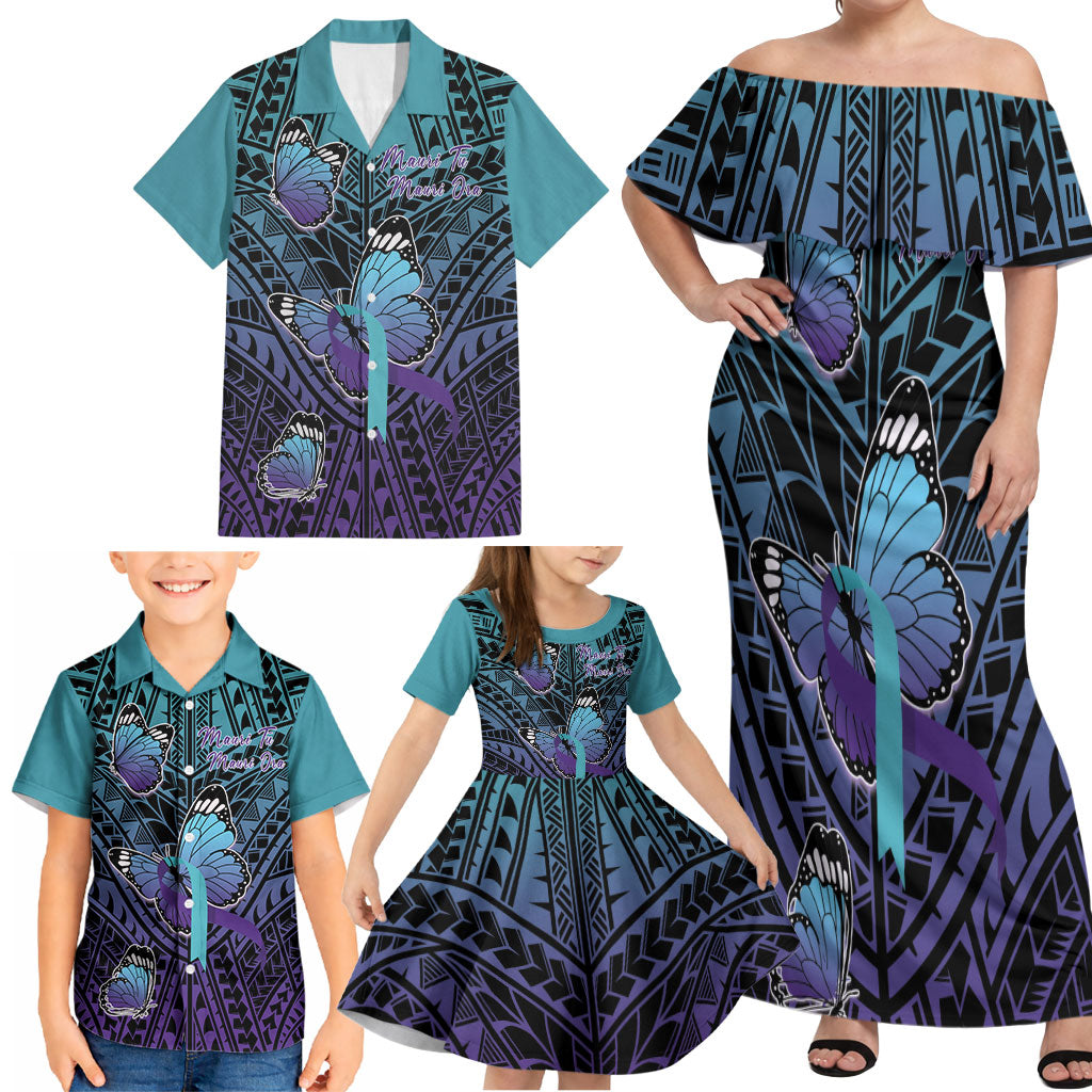 Personalised New Zealand Suicide Prevention Month Family Matching Off Shoulder Maxi Dress and Hawaiian Shirt Maori Mauri Tu Mauri Ora Polynesian Pattern