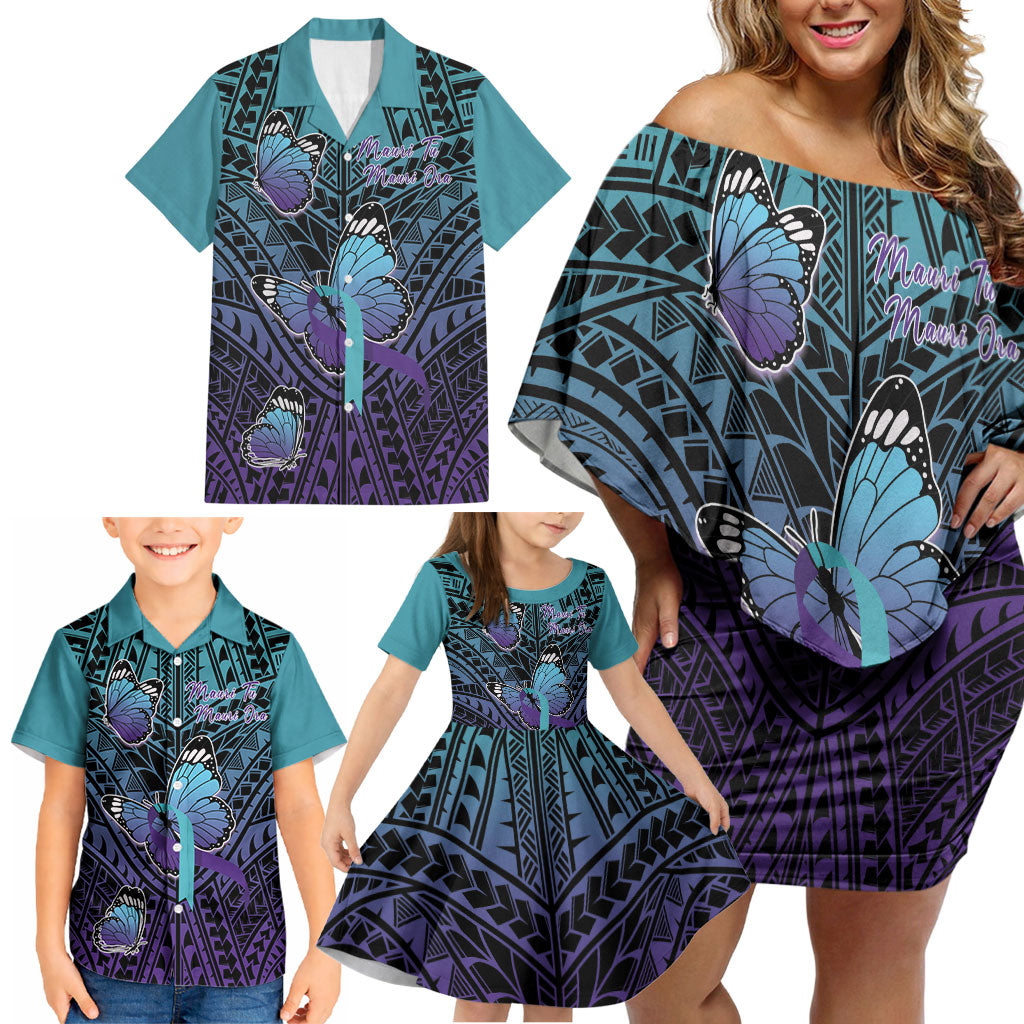 Personalised New Zealand Suicide Prevention Month Family Matching Off Shoulder Short Dress and Hawaiian Shirt Maori Mauri Tu Mauri Ora Polynesian Pattern