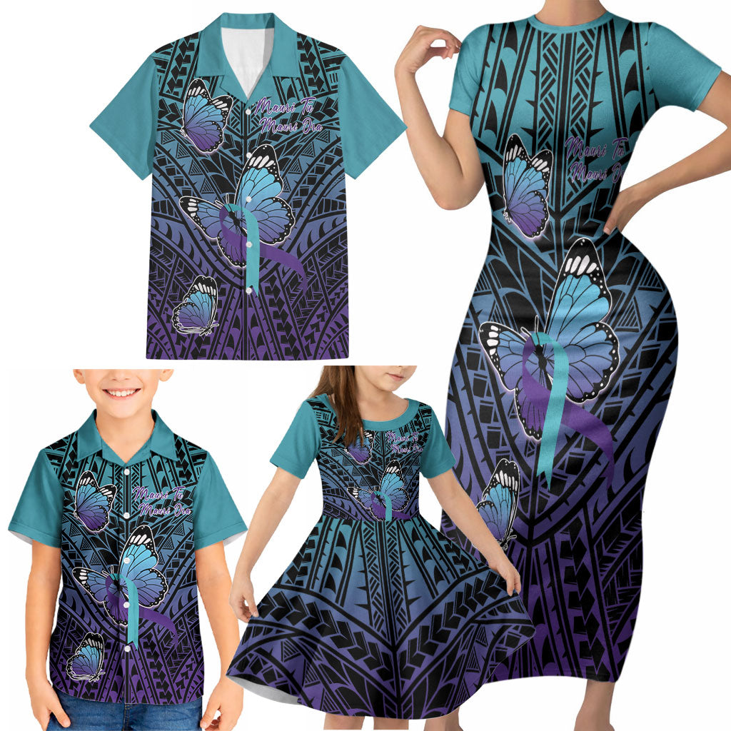 Personalised New Zealand Suicide Prevention Month Family Matching Short Sleeve Bodycon Dress and Hawaiian Shirt Maori Mauri Tu Mauri Ora Polynesian Pattern
