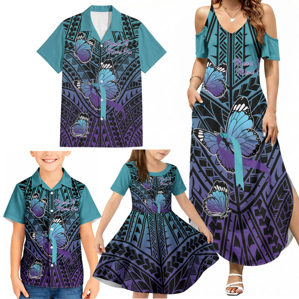 Personalised New Zealand Suicide Prevention Month Family Matching Summer Maxi Dress and Hawaiian Shirt Maori Mauri Tu Mauri Ora Polynesian Pattern