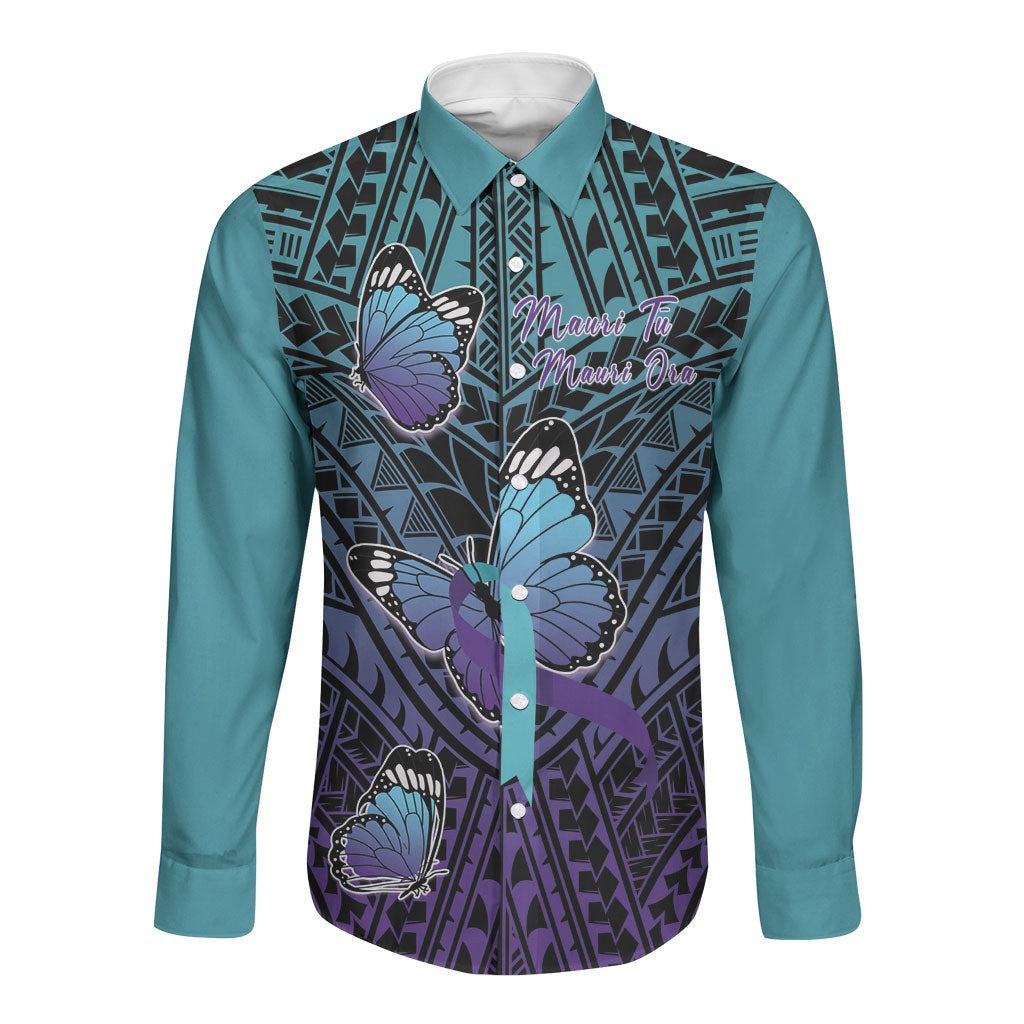 Personalised New Zealand Suicide Prevention Month Long Sleeve Button Shirt Maori Mauri Tu Mauri Ora Polynesian Pattern LT22 Unisex Teal - Polynesian Pride
