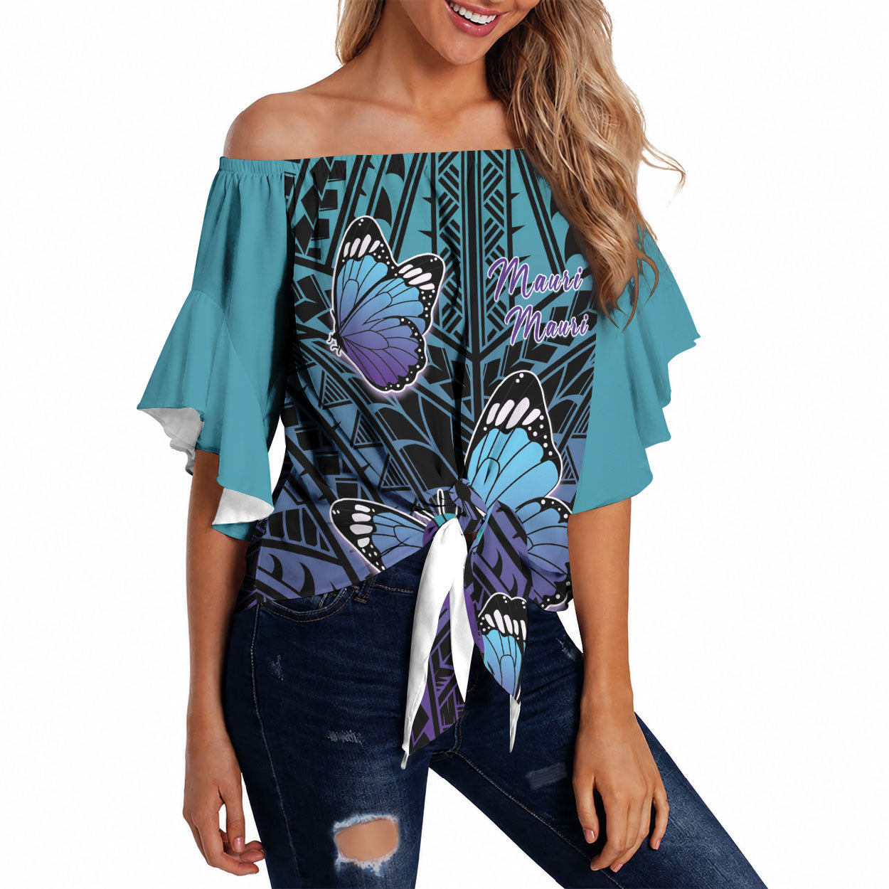 Personalised New Zealand Suicide Prevention Month Off Shoulder Wrap Waist Top Maori Mauri Tu Mauri Ora Polynesian Pattern