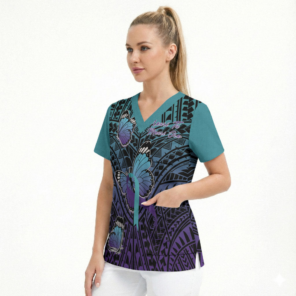 Personalised New Zealand Suicide Prevention Month Scrub Top Maori Mauri Tu Mauri Ora Polynesian Pattern LT22 - Polynesian Pride