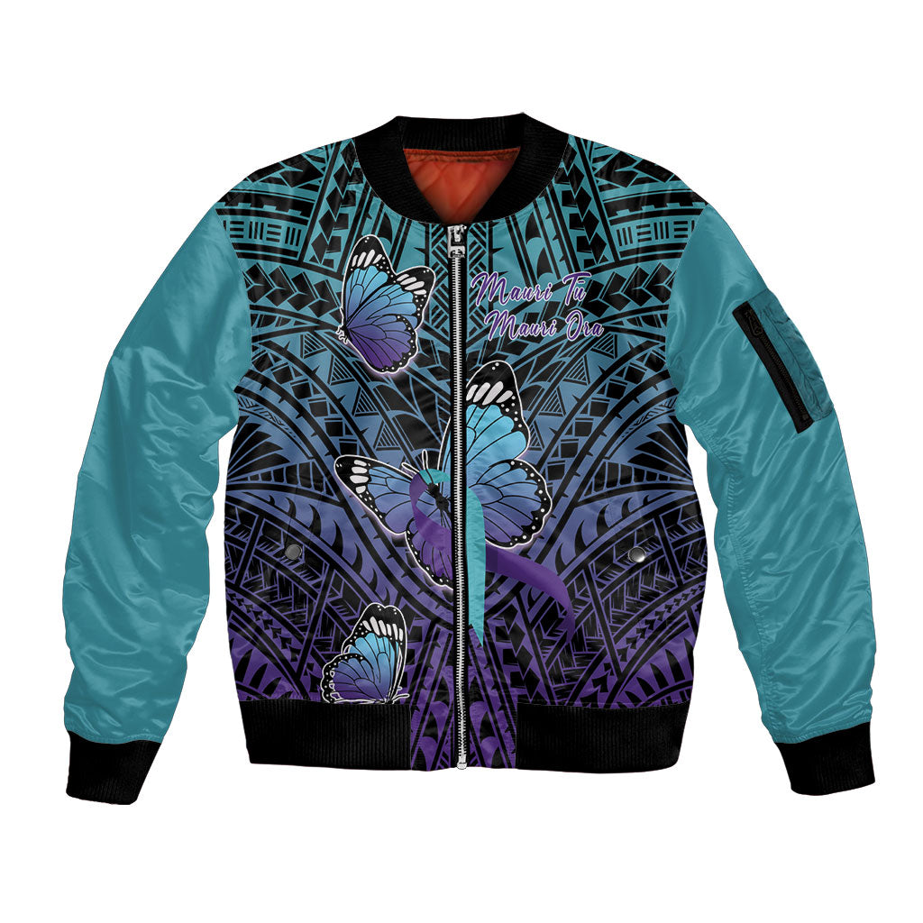 Personalised New Zealand Suicide Prevention Month Sleeve Zip Bomber Jacket Maori Mauri Tu Mauri Ora Polynesian Pattern LT22 Unisex Teal - Polynesian Pride