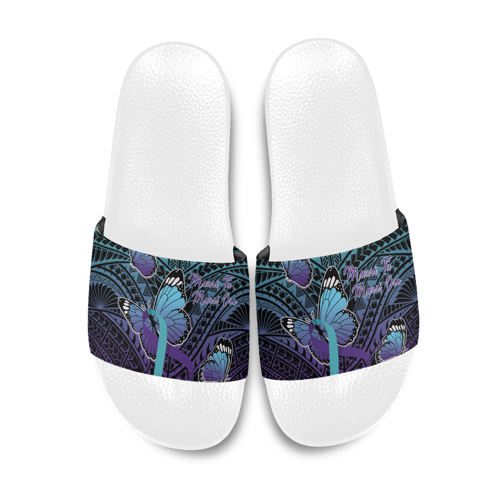 New Zealand Suicide Prevention Month Slide Sandals Maori Mauri Tu Mauri Ora Polynesian Pattern LT22 Teal - Polynesian Pride