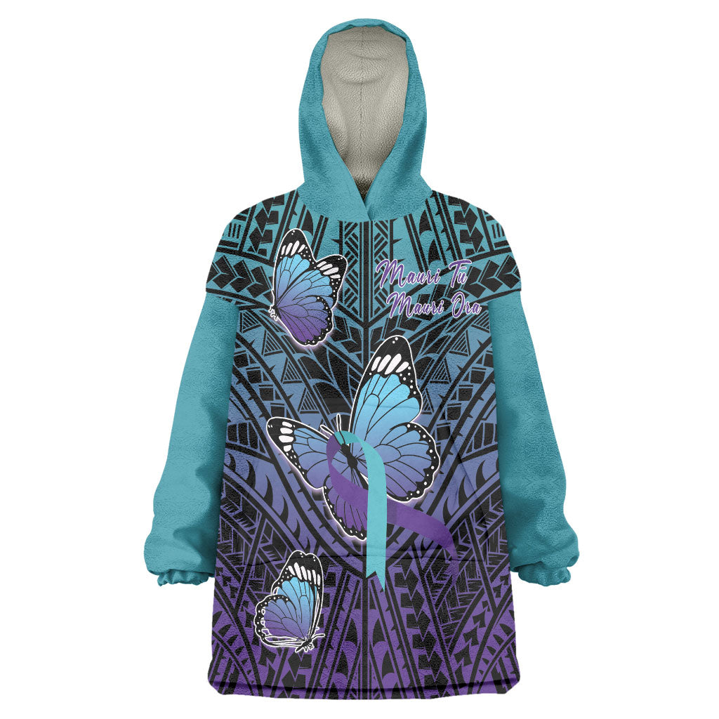 Personalised New Zealand Suicide Prevention Month Wearable Blanket Hoodie Maori Mauri Tu Mauri Ora Polynesian Pattern LT22 One Size Teal - Polynesian Pride