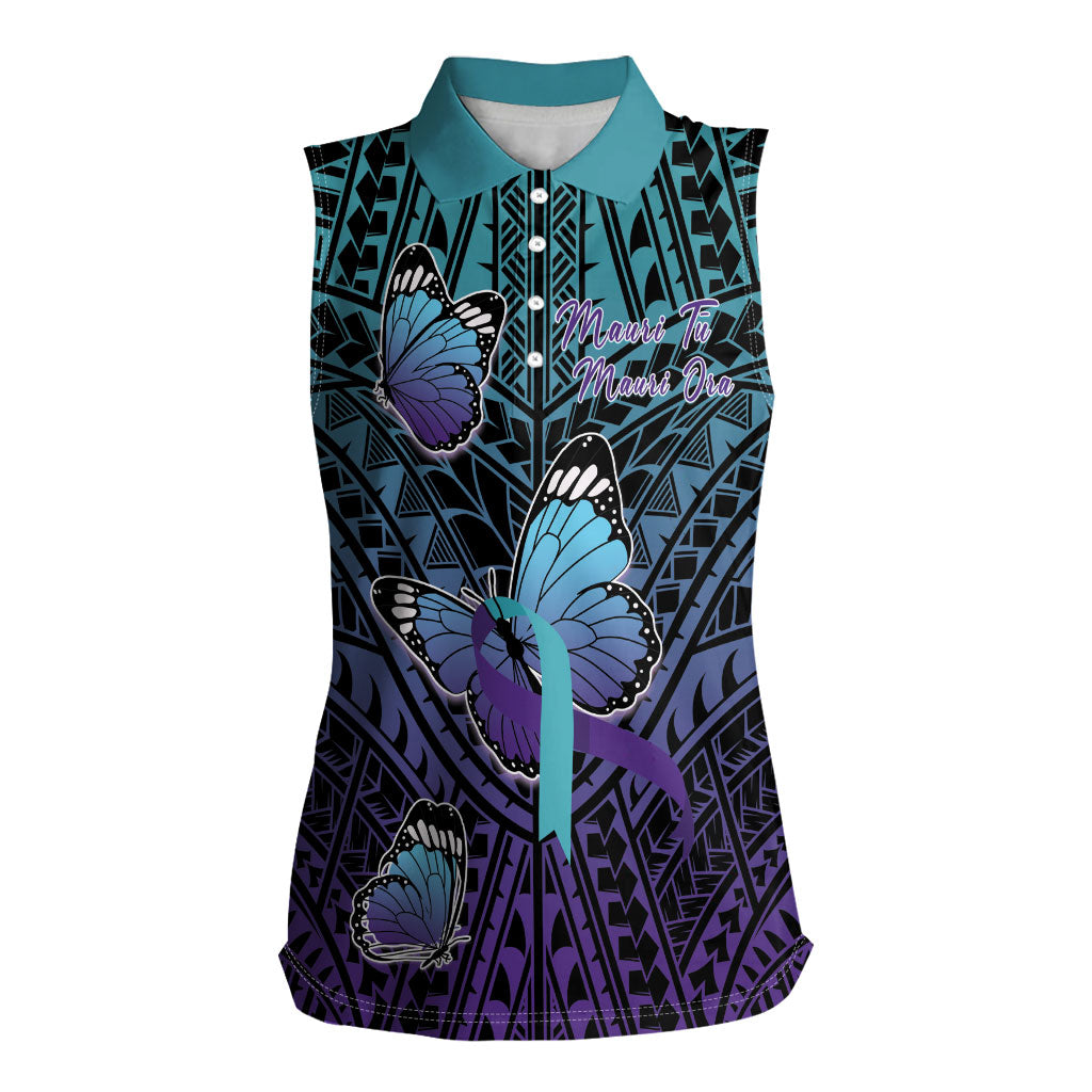 Personalised New Zealand Suicide Prevention Month Women Sleeveless Polo Shirt Maori Mauri Tu Mauri Ora Polynesian Pattern