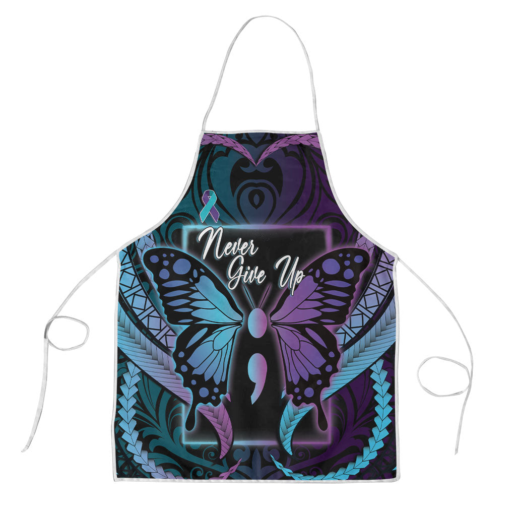 Polynesia Suicide Prevention Month Apron Semicolon Butterfly Never Give Up Polynesian Pattern LT22 Teal - Polynesian Pride