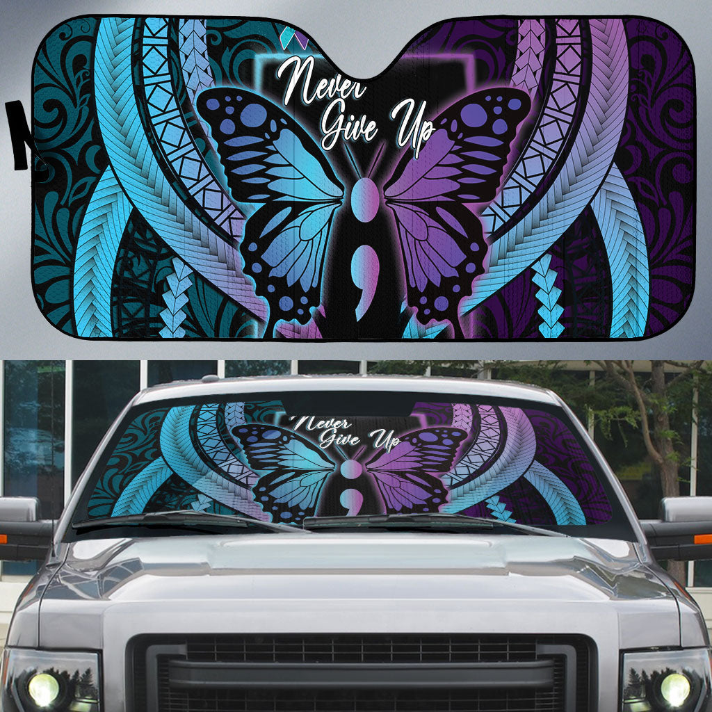 Polynesia Suicide Prevention Month Auto Sun Shade Semicolon Butterfly Never Give Up Polynesian Pattern