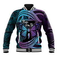 Personalised Polynesia Suicide Prevention Month Baseball Jacket Semicolon Butterfly Never Give Up Polynesian Pattern LT22 Unisex Teal - Polynesian Pride