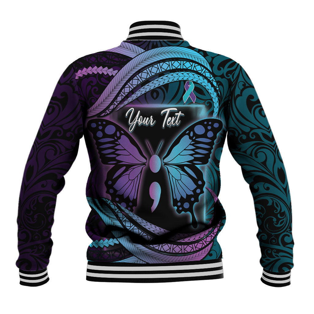 Personalised Polynesia Suicide Prevention Month Baseball Jacket Semicolon Butterfly Never Give Up Polynesian Pattern LT22 - Polynesian Pride
