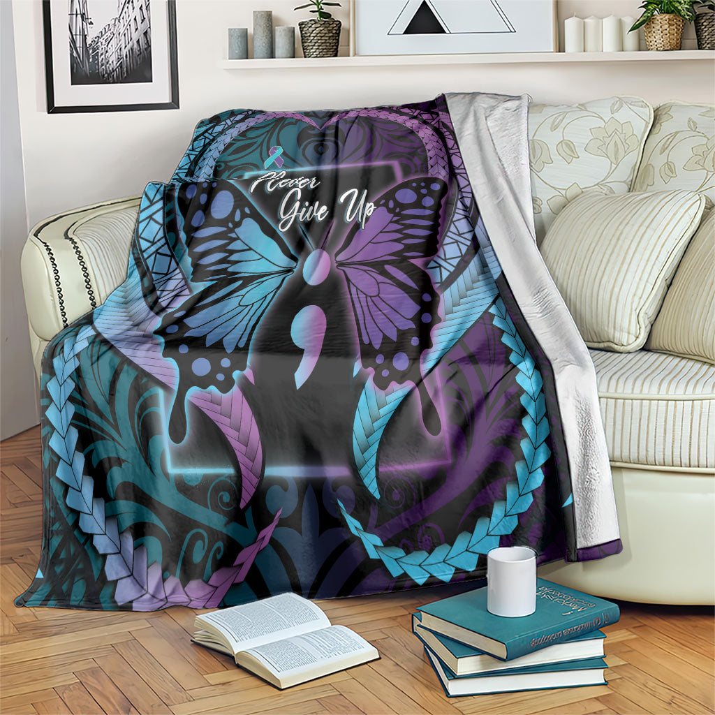 Polynesia Suicide Prevention Month Blanket Semicolon Butterfly Never Give Up Polynesian Pattern LT22 Teal - Polynesian Pride