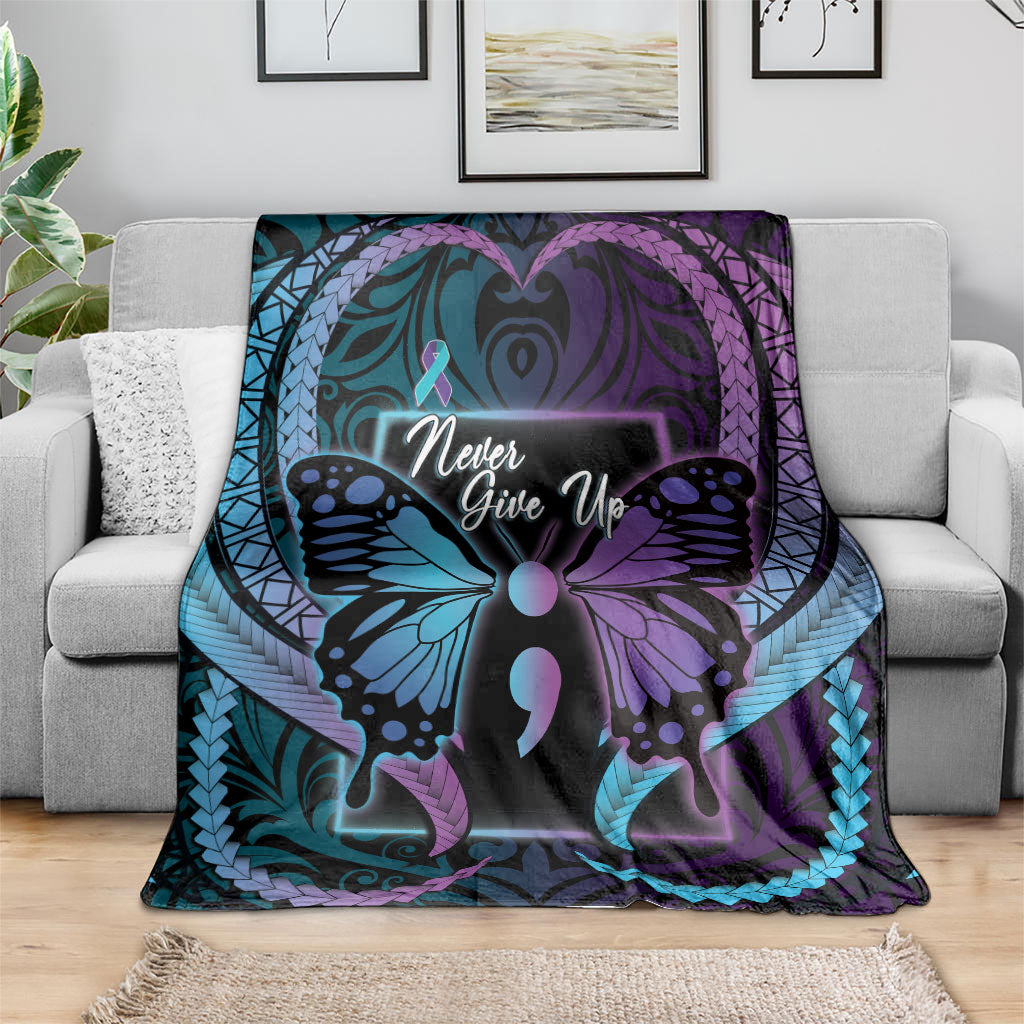 Polynesia Suicide Prevention Month Blanket Semicolon Butterfly Never Give Up Polynesian Pattern LT22 - Polynesian Pride