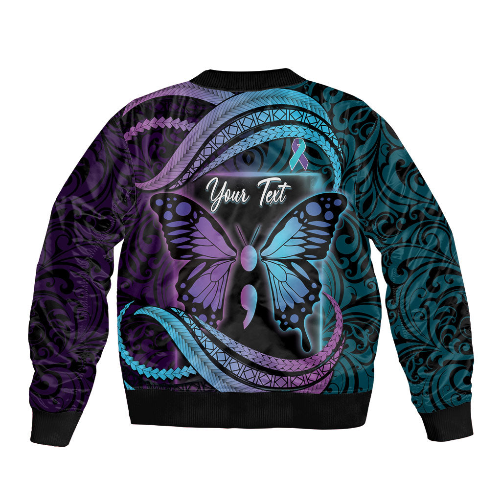Personalised Polynesia Suicide Prevention Month Bomber Jacket Semicolon Butterfly Never Give Up Polynesian Pattern LT22 - Polynesian Pride
