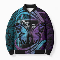 Personalised Polynesia Suicide Prevention Month Bomber Puffer Jacket Semicolon Butterfly Never Give Up Polynesian Pattern LT22 Unisex Teal - Polynesian Pride