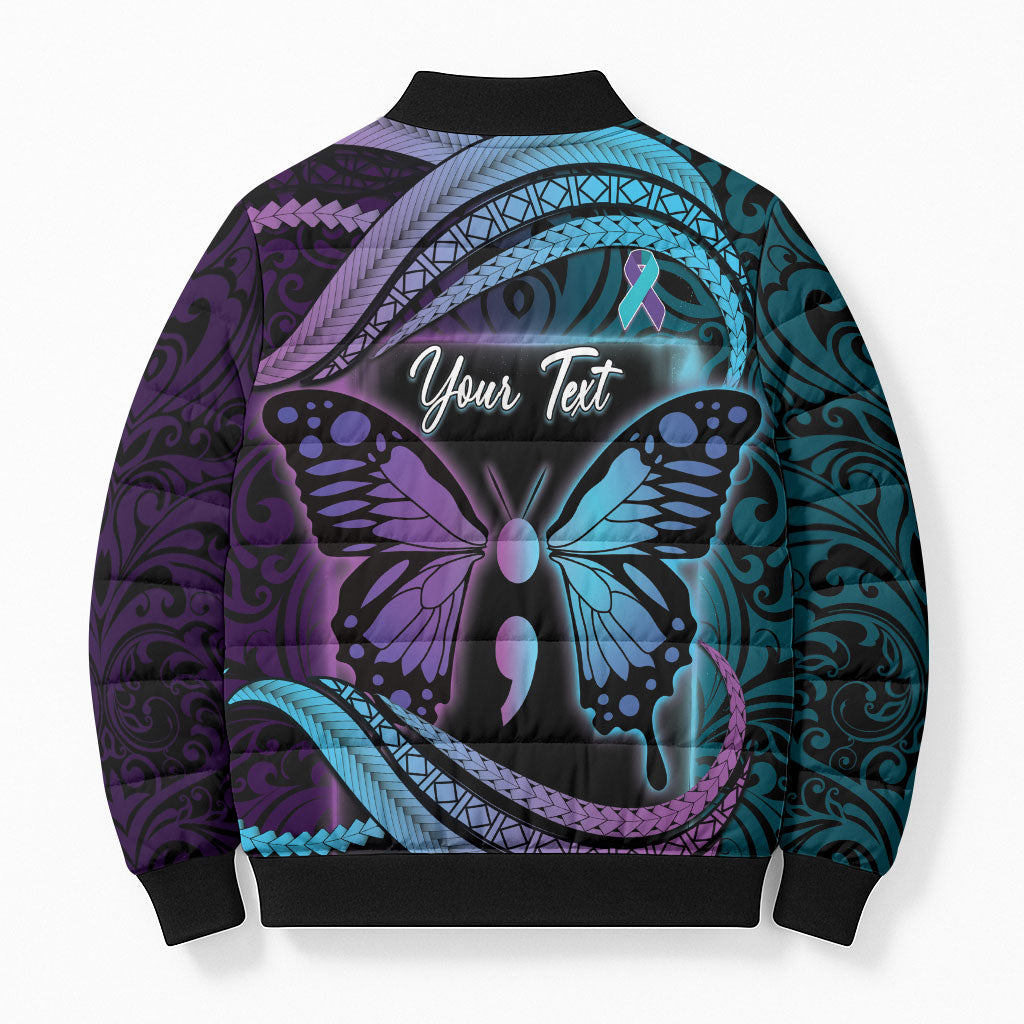 Personalised Polynesia Suicide Prevention Month Bomber Puffer Jacket Semicolon Butterfly Never Give Up Polynesian Pattern LT22 - Polynesian Pride