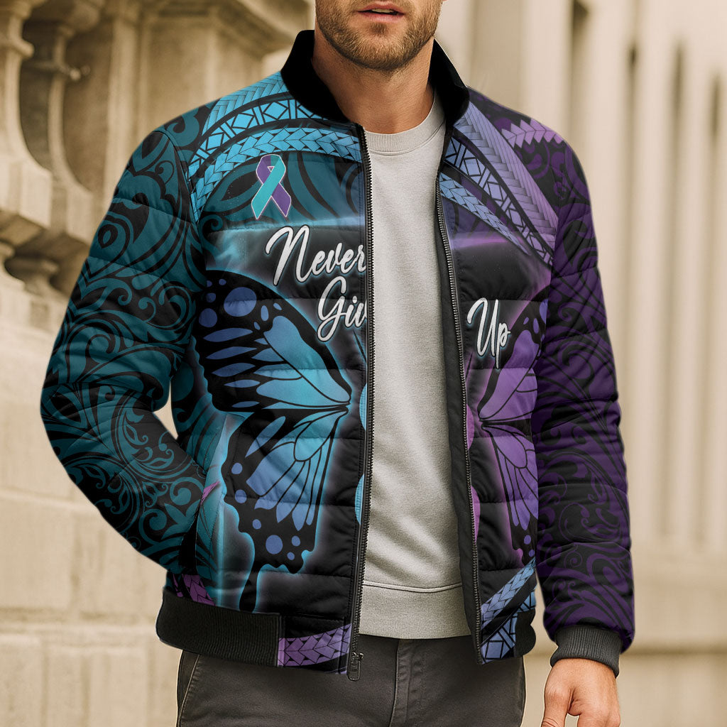 Personalised Polynesia Suicide Prevention Month Bomber Puffer Jacket Semicolon Butterfly Never Give Up Polynesian Pattern LT22 - Polynesian Pride