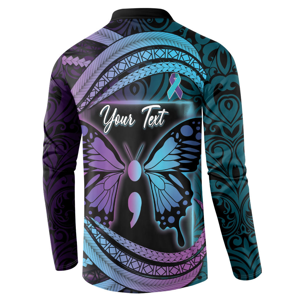 Personalised Polynesia Suicide Prevention Month Button Sweatshirt Semicolon Butterfly Never Give Up Polynesian Pattern LT22 - Polynesian Pride