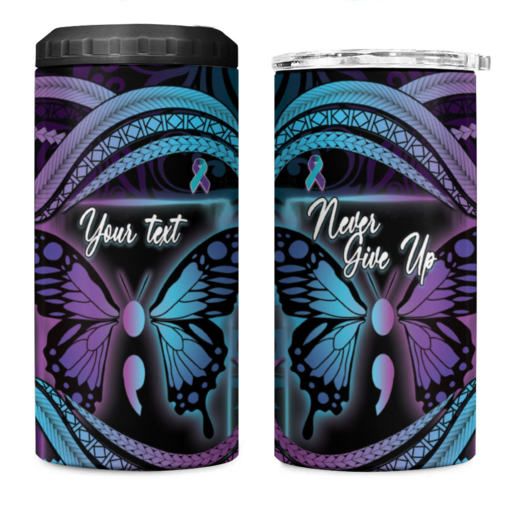 Personalised Polynesia Suicide Prevention Month 4 in 1 Can Cooler Tumbler Semicolon Butterfly Never Give Up Polynesian Pattern