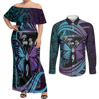 Personalised Polynesia Suicide Prevention Month Couples Matching Off Shoulder Maxi Dress and Long Sleeve Button Shirt Semicolon Butterfly Never Give Up Polynesian Pattern LT22 Teal - Polynesian Pride