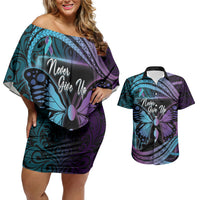 Personalised Polynesia Suicide Prevention Month Couples Matching Off Shoulder Short Dress and Hawaiian Shirt Semicolon Butterfly Never Give Up Polynesian Pattern LT22 Teal - Polynesian Pride
