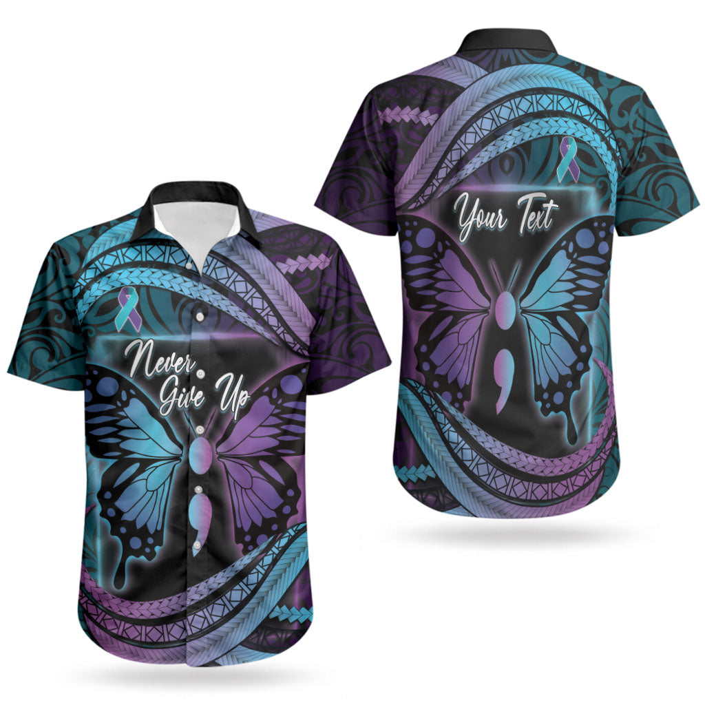 Personalised Polynesia Suicide Prevention Month Couples Matching Off Shoulder Short Dress and Hawaiian Shirt Semicolon Butterfly Never Give Up Polynesian Pattern LT22 - Polynesian Pride