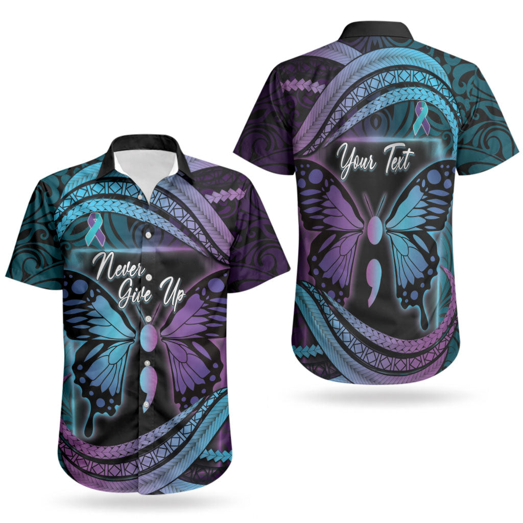 Personalised Polynesia Suicide Prevention Month Couples Matching Puletasi and Hawaiian Shirt Semicolon Butterfly Never Give Up Polynesian Pattern LT22 - Polynesian Pride