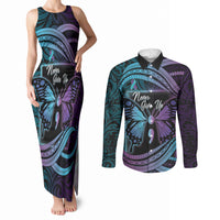 Personalised Polynesia Suicide Prevention Month Couples Matching Tank Maxi Dress and Long Sleeve Button Shirt Semicolon Butterfly Never Give Up Polynesian Pattern LT22 Teal - Polynesian Pride