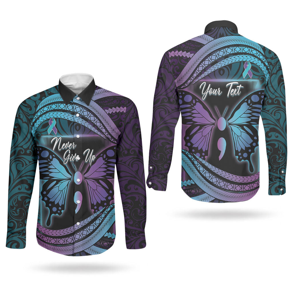 Personalised Polynesia Suicide Prevention Month Couples Matching Tank Maxi Dress and Long Sleeve Button Shirt Semicolon Butterfly Never Give Up Polynesian Pattern LT22 - Polynesian Pride