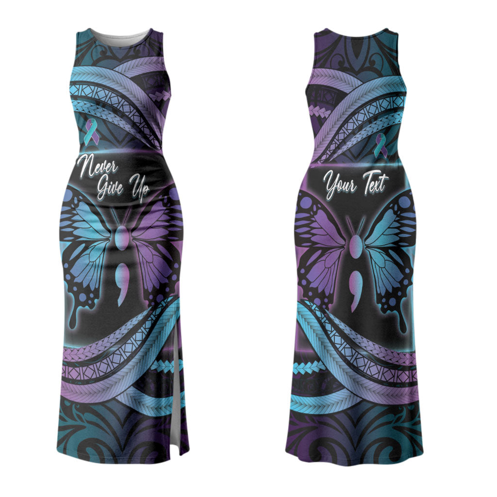 Personalised Polynesia Suicide Prevention Month Couples Matching Tank Maxi Dress and Long Sleeve Button Shirt Semicolon Butterfly Never Give Up Polynesian Pattern LT22 - Polynesian Pride