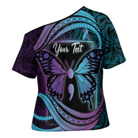 Personalised Polynesia Suicide Prevention Month Cross Shoulder Shirt Semicolon Butterfly Never Give Up Polynesian Pattern LT22 - Polynesian Pride