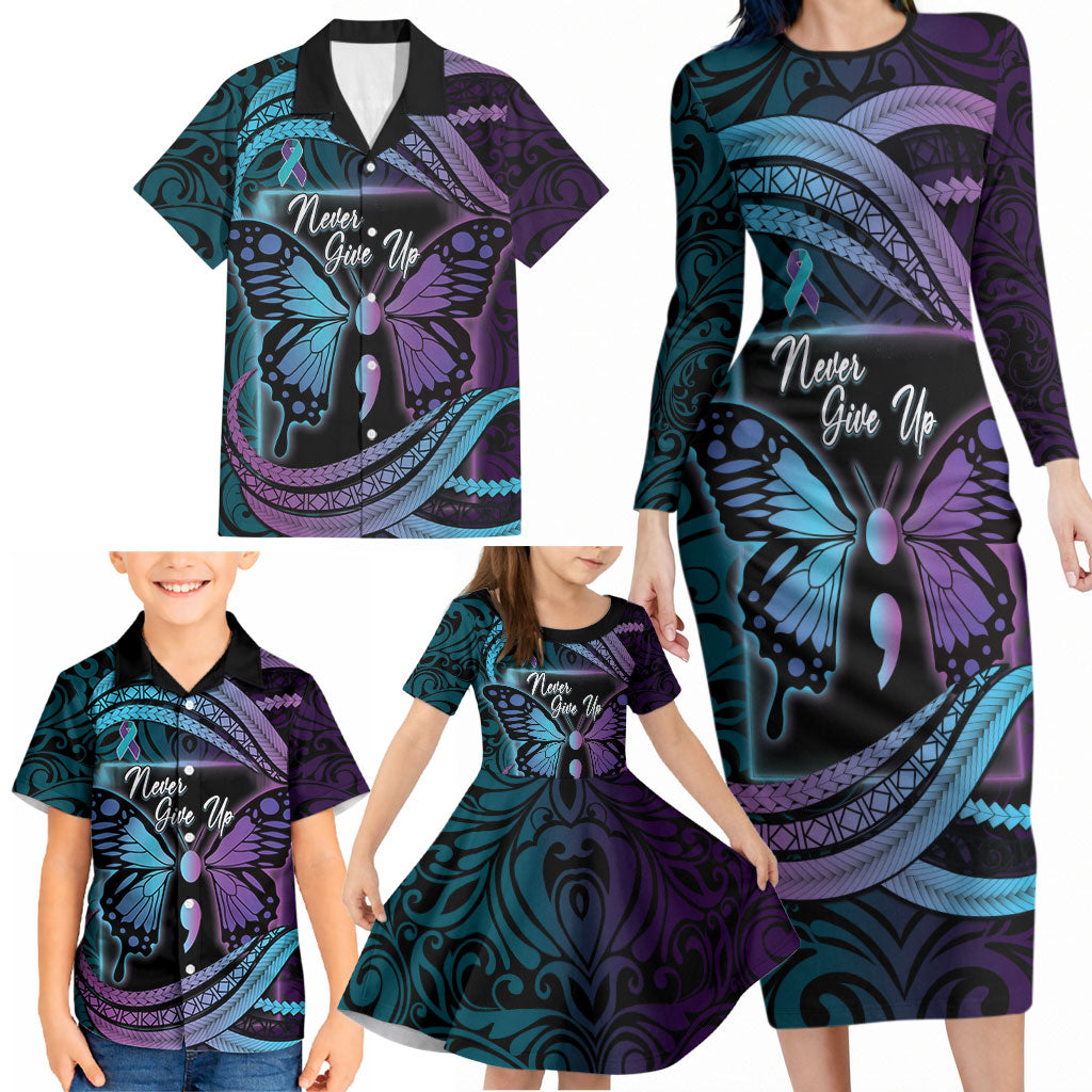 Personalised Polynesia Suicide Prevention Month Family Matching Long Sleeve Bodycon Dress and Hawaiian Shirt Semicolon Butterfly Never Give Up Polynesian Pattern LT22 - Polynesian Pride