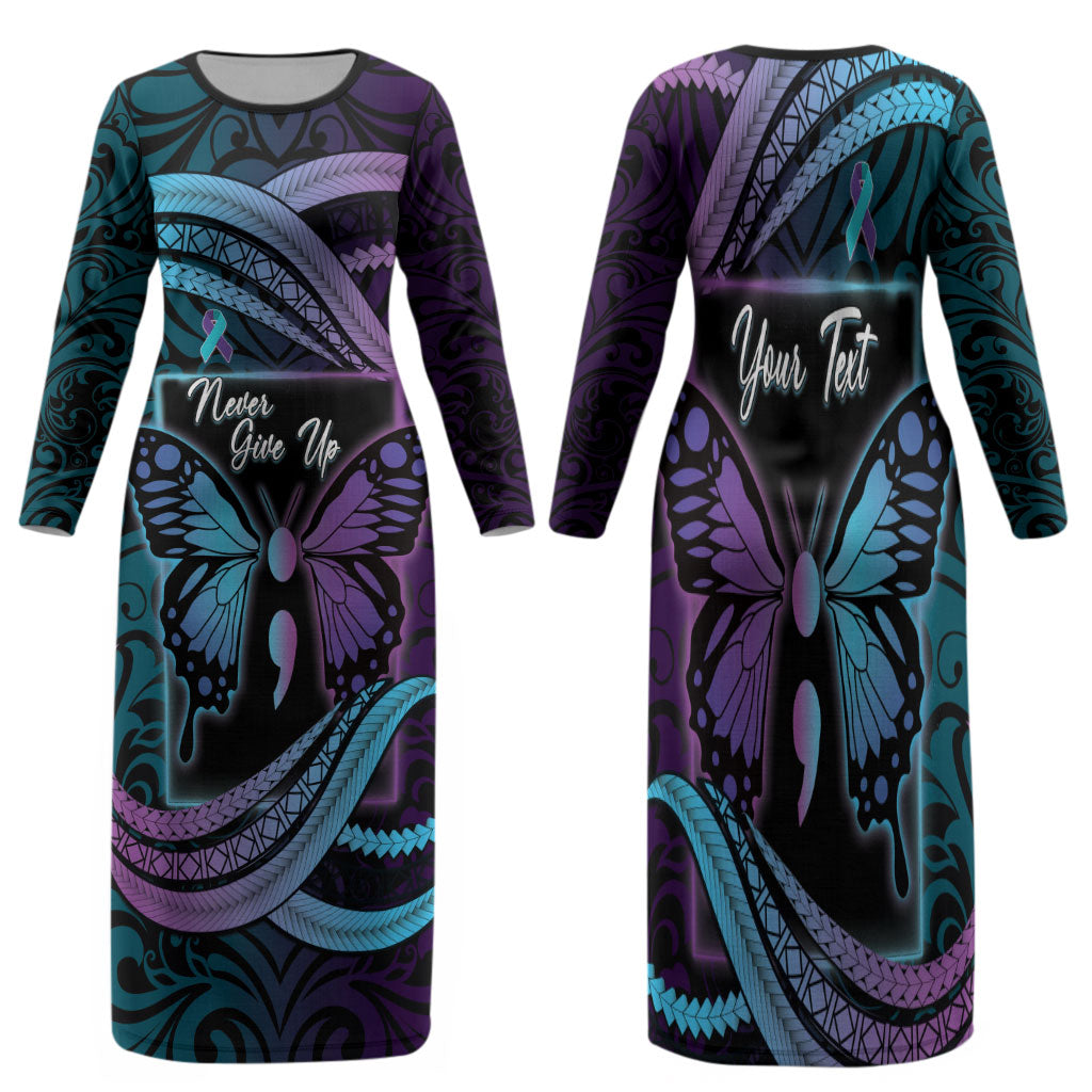 Personalised Polynesia Suicide Prevention Month Family Matching Long Sleeve Bodycon Dress and Hawaiian Shirt Semicolon Butterfly Never Give Up Polynesian Pattern LT22 Mom's Dress Teal - Polynesian Pride