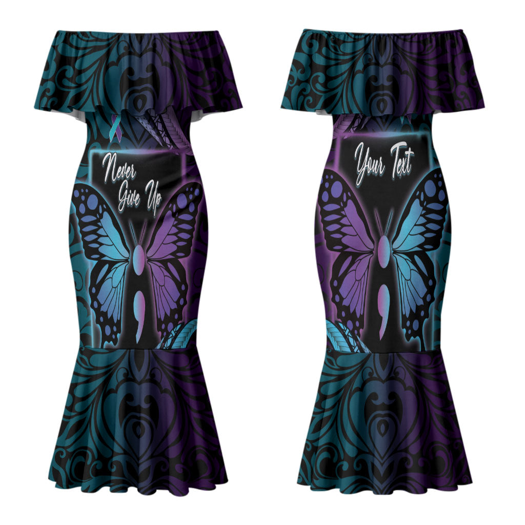 Personalised Polynesia Suicide Prevention Month Family Matching Mermaid Dress and Hawaiian Shirt Semicolon Butterfly Never Give Up Polynesian Pattern LT22 Mom's Dress Teal - Polynesian Pride