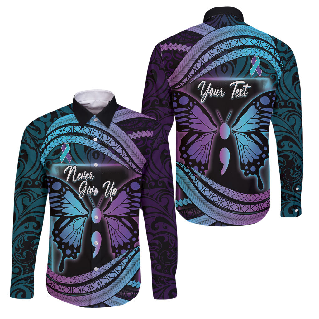 Personalised Polynesia Suicide Prevention Month Family Matching Off The Shoulder Long Sleeve Dress and Hawaiian Shirt Semicolon Butterfly Never Give Up Polynesian Pattern LT22 Dad's Shirt - Long Sleeve Teal - Polynesian Pride