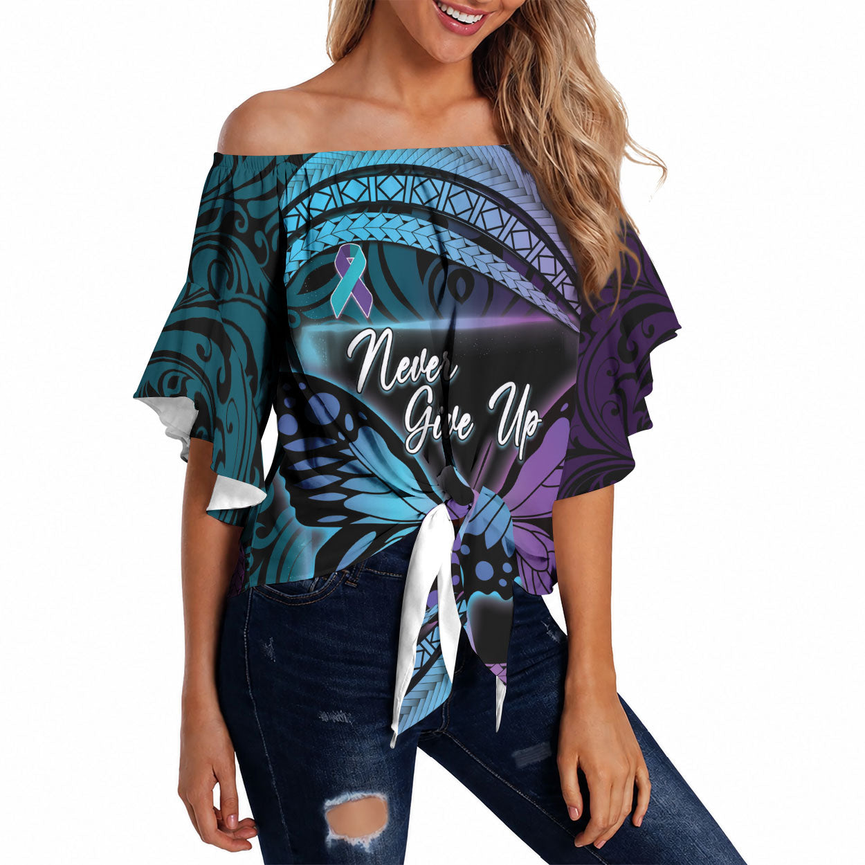 Personalised Polynesia Suicide Prevention Month Off Shoulder Wrap Waist Top Semicolon Butterfly Never Give Up Polynesian Pattern