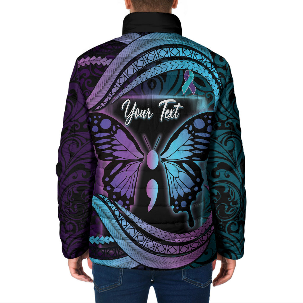 Personalised Polynesia Suicide Prevention Month Padded Jacket Semicolon Butterfly Never Give Up Polynesian Pattern LT22 - Polynesian Pride