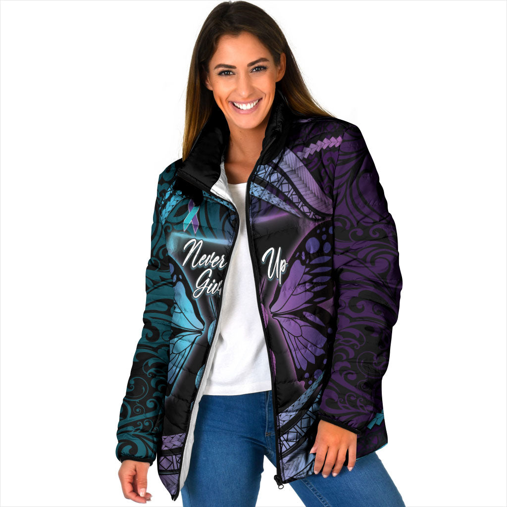 Personalised Polynesia Suicide Prevention Month Padded Jacket Semicolon Butterfly Never Give Up Polynesian Pattern LT22 Women Teal - Polynesian Pride
