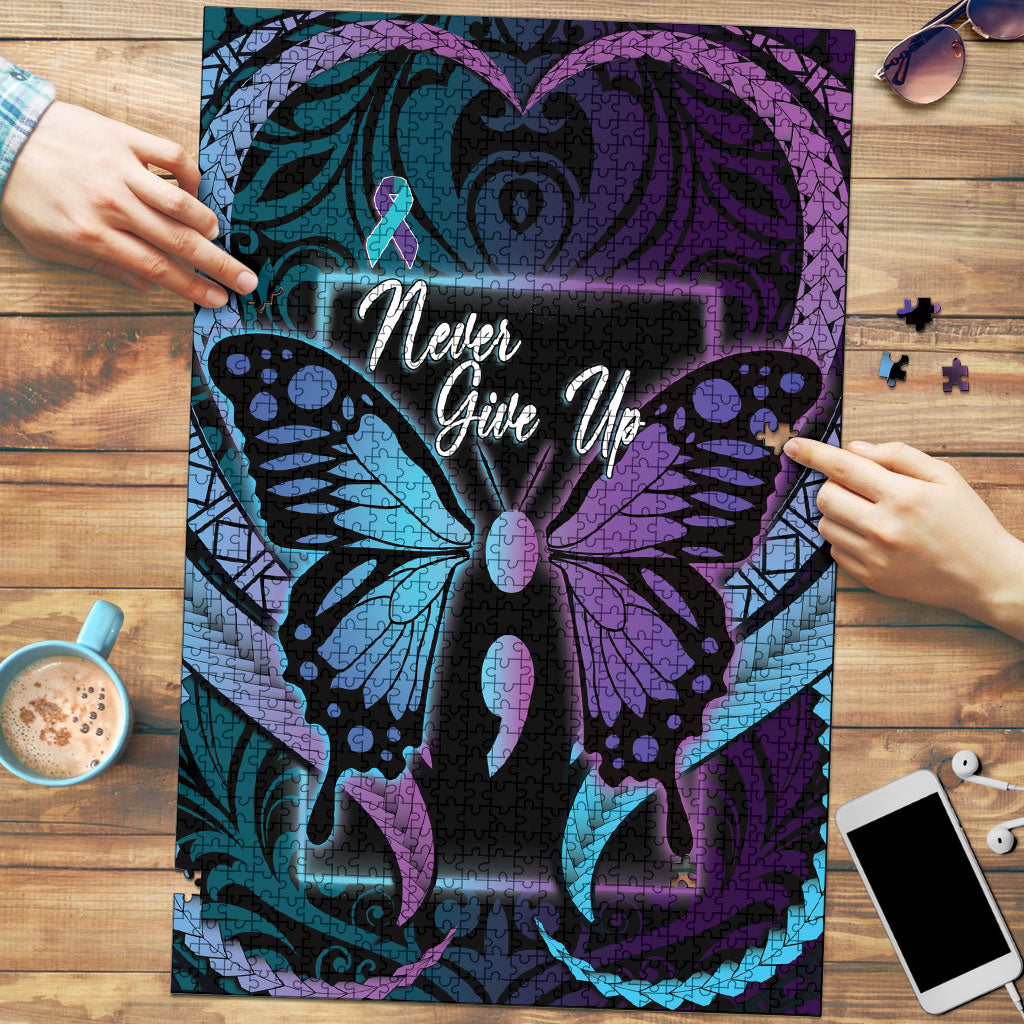 Polynesia Suicide Prevention Month Puzzle Semicolon Butterfly Never Give Up Polynesian Pattern LT22 Teal - Polynesian Pride