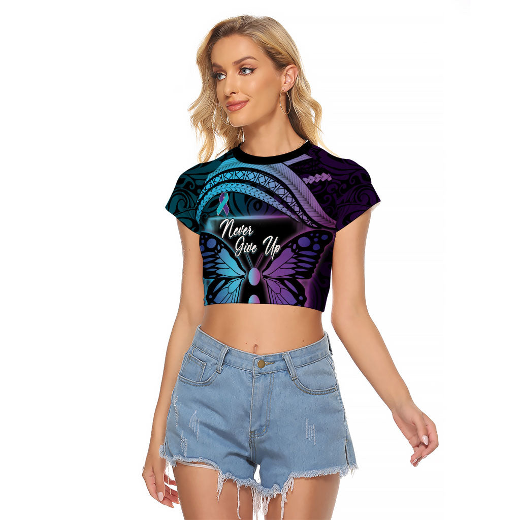 Personalised Polynesia Suicide Prevention Month Raglan Cropped T Shirt Semicolon Butterfly Never Give Up Polynesian Pattern